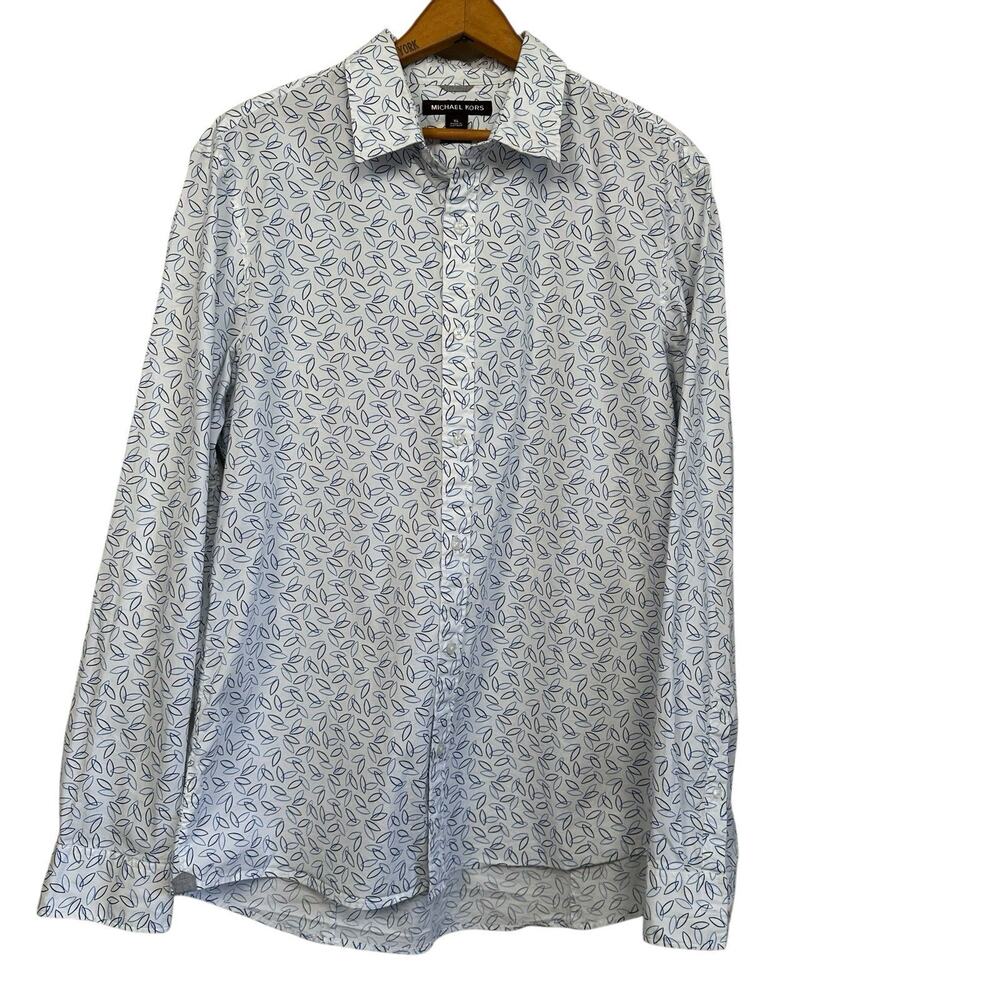 Michael Kors Men's Blue/White Leaf Stretch Cotton Long Sleeve Shirt Size XL